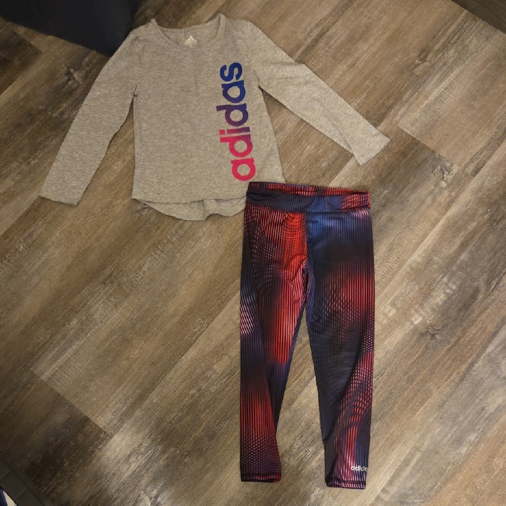 Adidas Gray Top with Pink and Blue Leggings